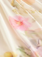 Off White Smudge Floral Print Mesh Pleated Puff Sleeve Waist Detail Occasion Midi Dress - Image 8 of 8
