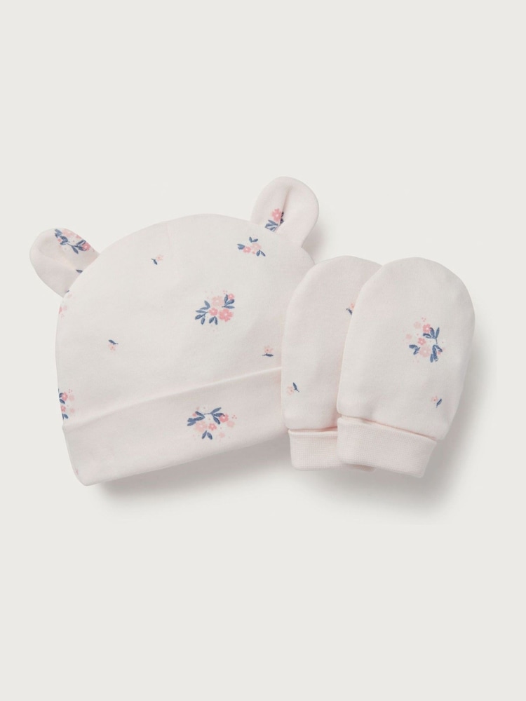 The White Company 100% Organic Cotton Hattie Floral Hat And Mitt White Set - Image 1 of 1