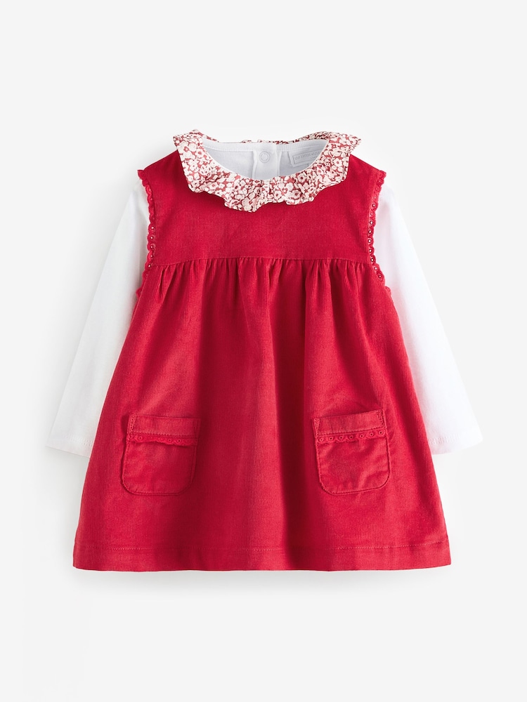 The White Company Red 100% Organic Cotton Corduroy Pinafore & Petunia Floral Collar Top Set - Image 1 of 1