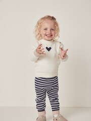 The White Company Baby Organic Cotton Wool Heart White Jumper & Stripe Leggings Set - Image 1 of 6
