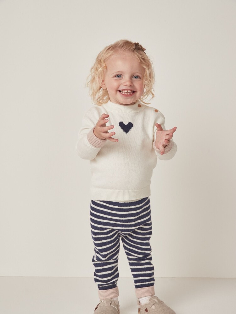 The White Company Baby Organic Cotton Wool Heart White Jumper & Stripe Leggings Set - Image 1 of 6