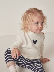 The White Company Baby Organic Cotton Wool Heart White Jumper & Stripe Leggings Set - Image 2 of 6