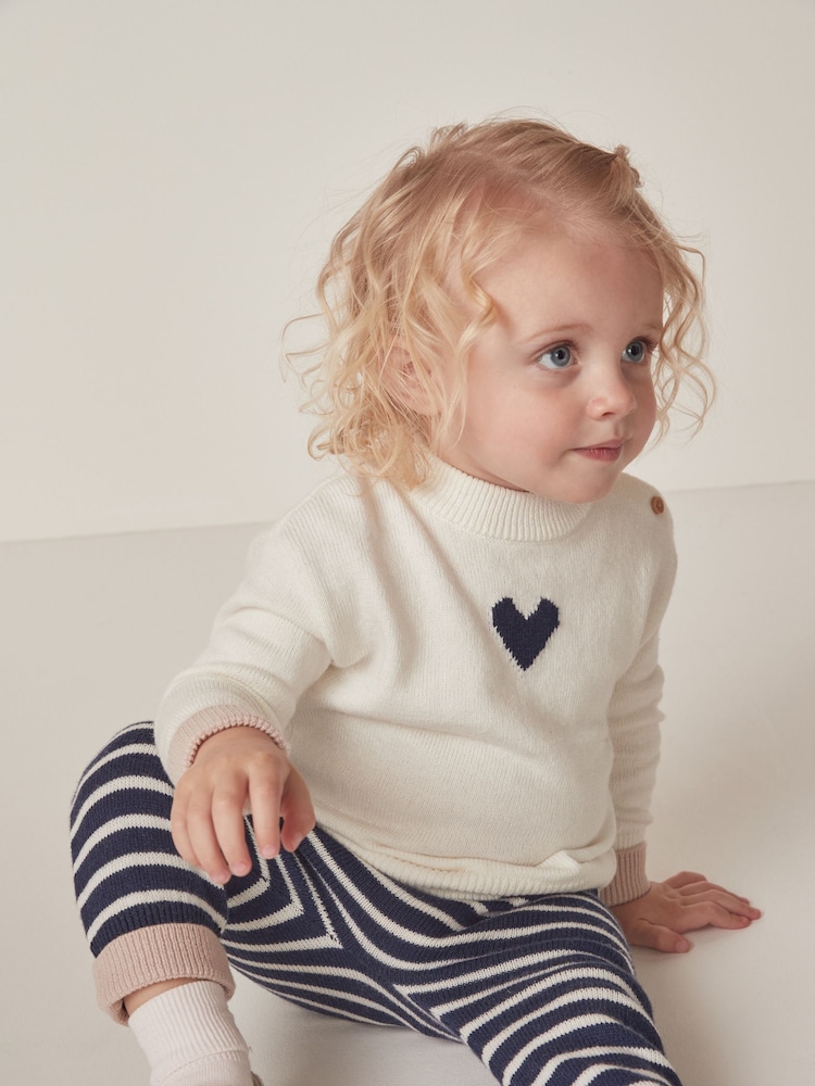 The White Company Baby Organic Cotton Wool Heart White Jumper & Stripe Leggings Set - Image 2 of 6