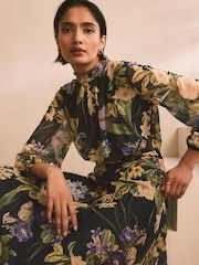Navy and Green/Purple Floral Long Sleeve Occasion Pleated Maxi Dress - Image 1 of 9