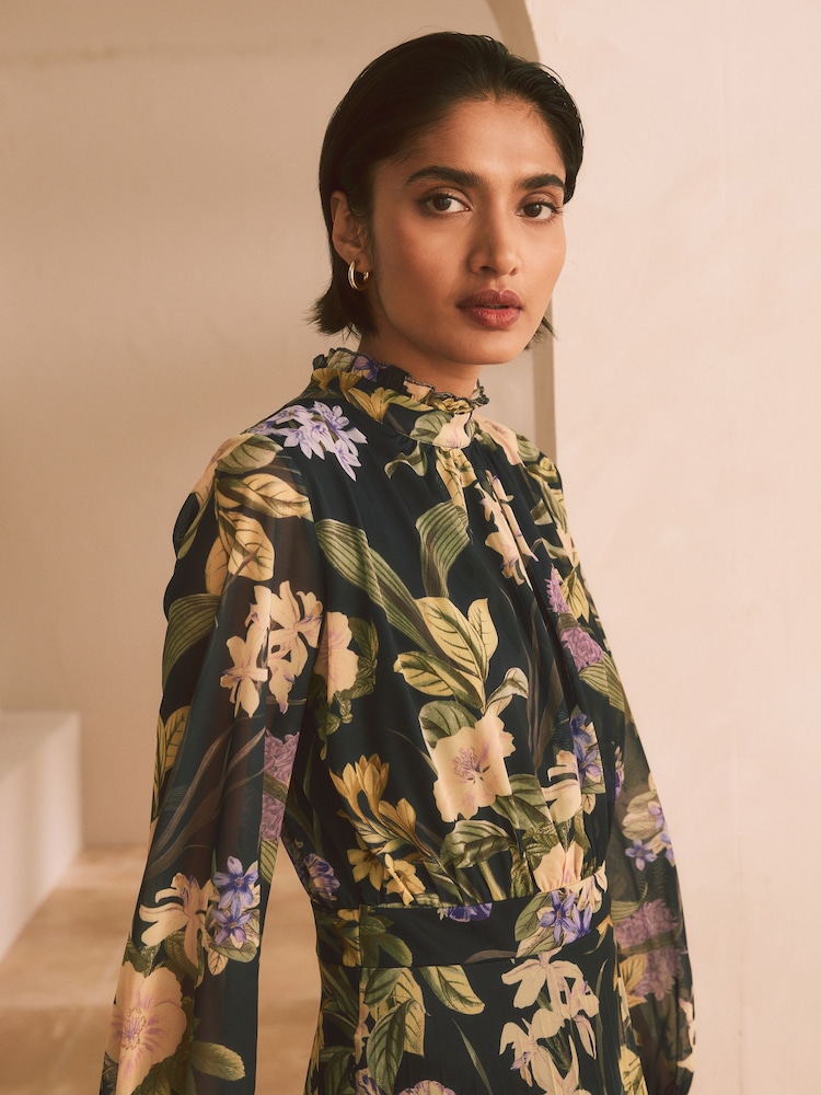 Navy and Green/Purple Floral Long Sleeve Occasion Pleated Maxi Dress - Image 2 of 9