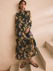 Navy and Green/Purple Floral Long Sleeve Occasion Pleated Maxi Dress - Image 3 of 9