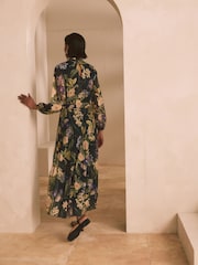 Navy and Green/Purple Floral Long Sleeve Occasion Pleated Maxi Dress - Image 4 of 9