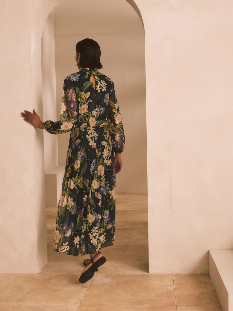 Navy and Green/Purple Floral Long Sleeve Occasion Pleated Maxi Dress - Image 4 of 9