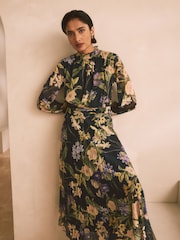 Navy and Green/Purple Floral Long Sleeve Occasion Pleated Maxi Dress - Image 5 of 9