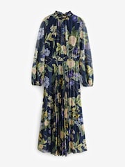 Navy and Green/Purple Floral Long Sleeve Occasion Pleated Maxi Dress - Image 6 of 9