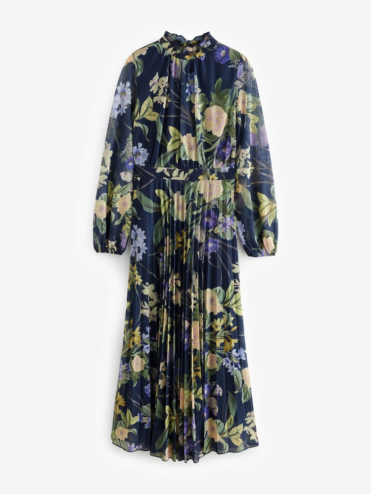 Navy and Green/Purple Floral Long Sleeve Occasion Pleated Maxi Dress - Image 6 of 9
