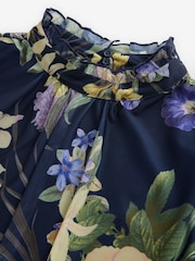 Navy and Green/Purple Floral Long Sleeve Occasion Pleated Maxi Dress - Image 8 of 9