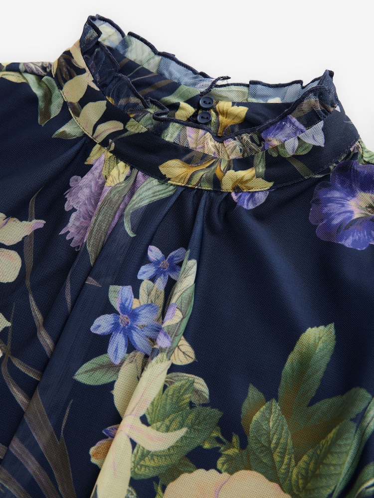 Navy and Green/Purple Floral Long Sleeve Occasion Pleated Maxi Dress - Image 8 of 9