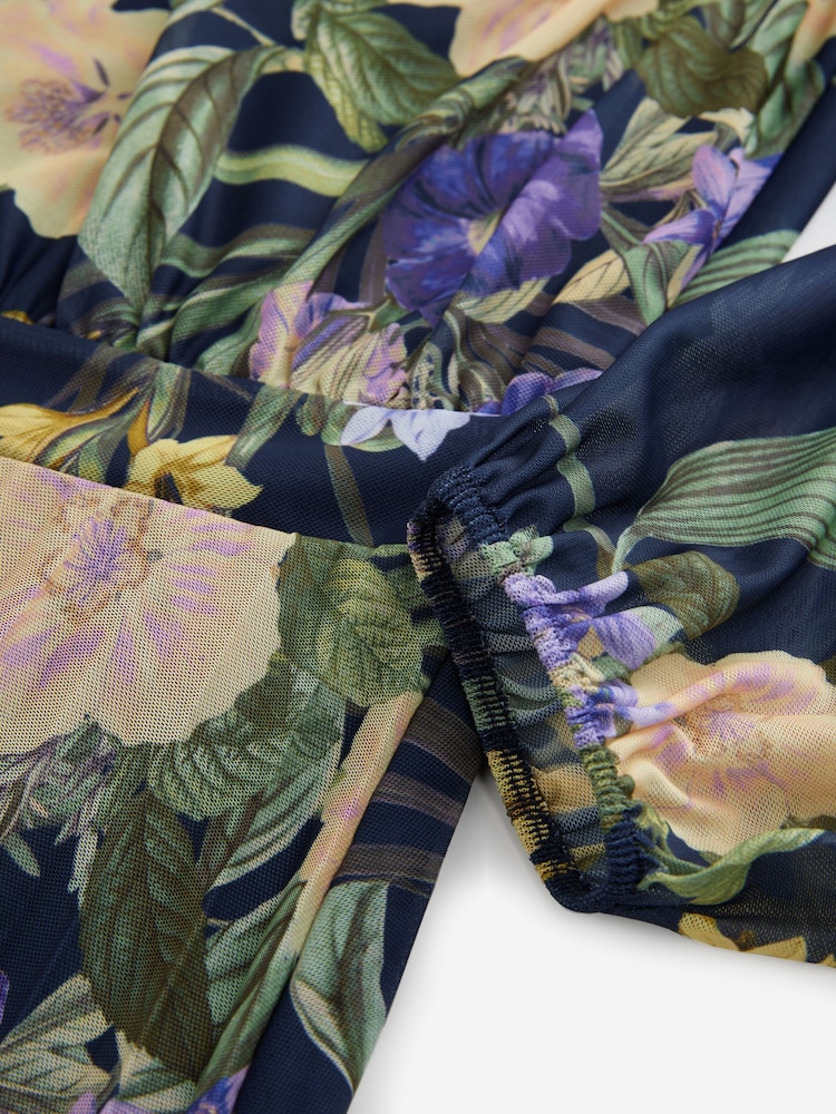 Navy and Green/Purple Floral Long Sleeve Occasion Pleated Maxi Dress - Image 9 of 9
