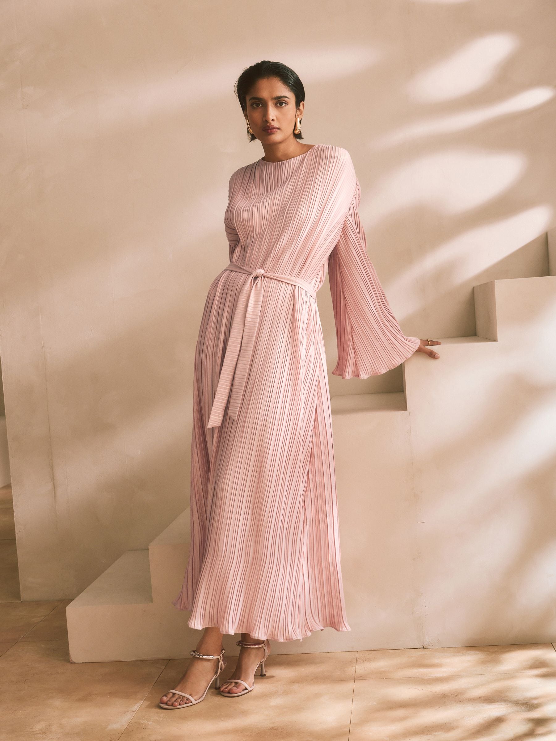 Buy Blush Pink Metallic Plisse Long Sleeve Slash Neck Belted