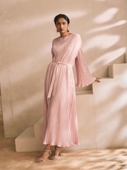 Blush Pink Metallic Plisse Long Sleeve Slash Neck Belted Maxi Dress - Image 1 of 9