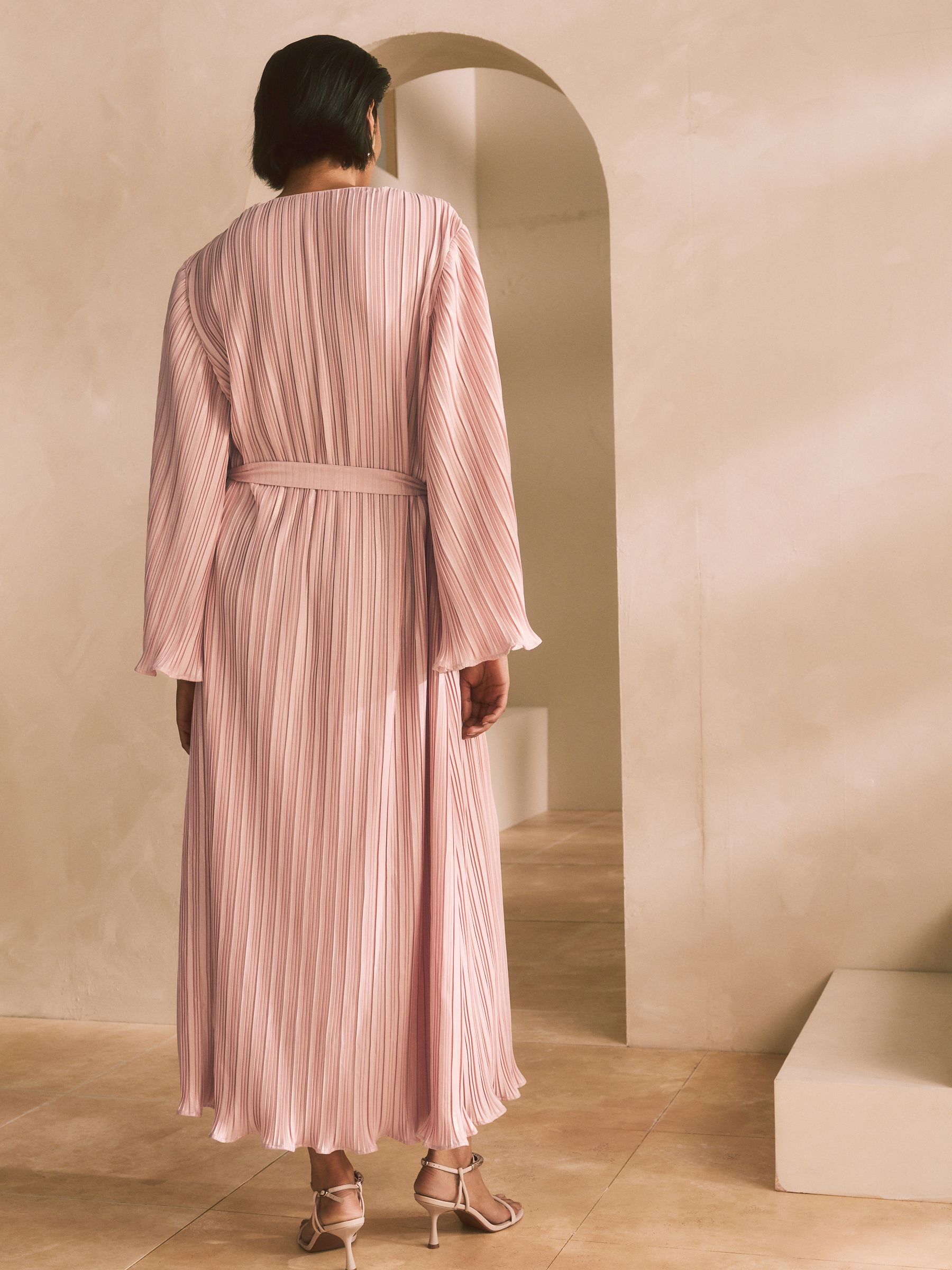 Buy Blush Pink Metallic Plisse Long Sleeve Slash Neck Belted