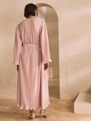 Blush Pink Metallic Plisse Long Sleeve Slash Neck Belted Maxi Dress - Image 2 of 9