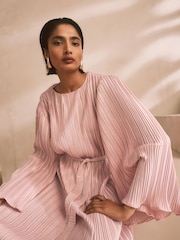 Blush Pink Metallic Plisse Long Sleeve Slash Neck Belted Maxi Dress - Image 3 of 9