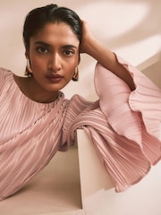 Blush Pink Metallic Plisse Long Sleeve Slash Neck Belted Maxi Dress - Image 5 of 9