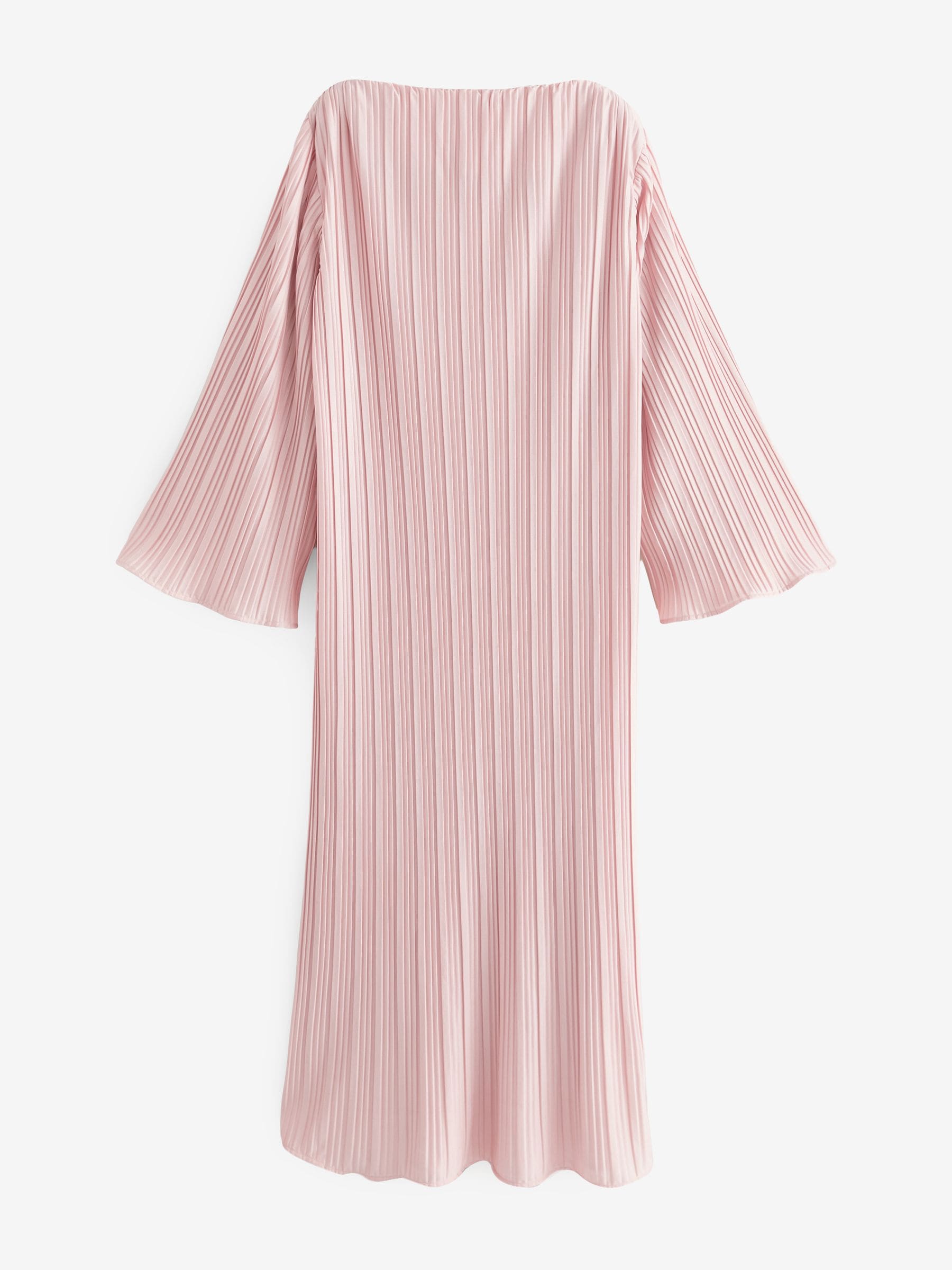 Buy Blush Pink Metallic Plisse Long Sleeve Slash Neck Belted
