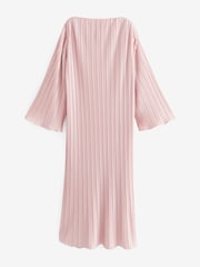 Blush Pink Metallic Plisse Long Sleeve Slash Neck Belted Maxi Dress - Image 7 of 9