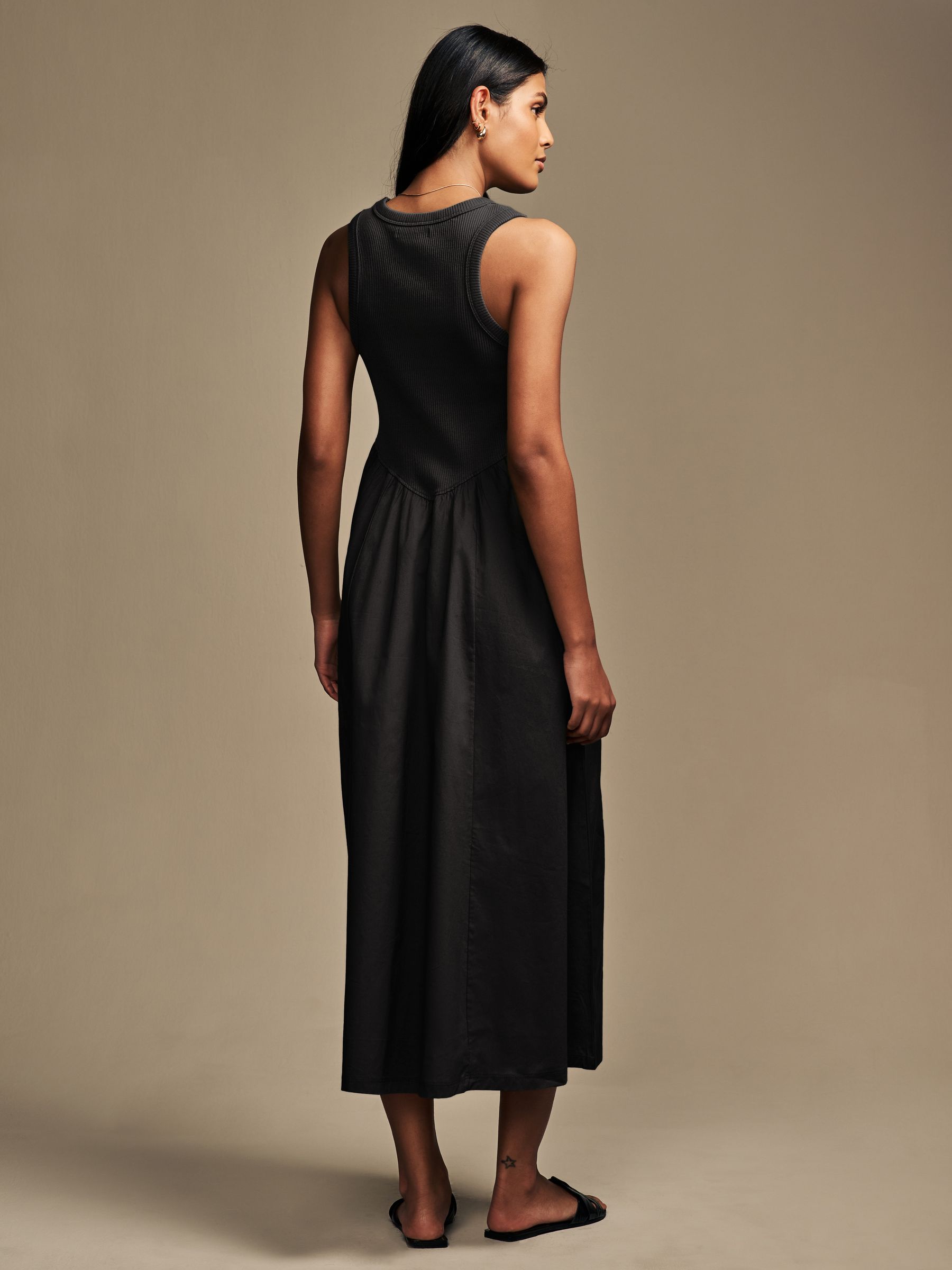 Buy Black Woven Jersey Mix Sleeveless Racer Ribbed Midi