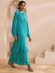 Teal Blue Long Sleeve Tie Neck Ruffle Tiered Maxi Dress - Image 1 of 7