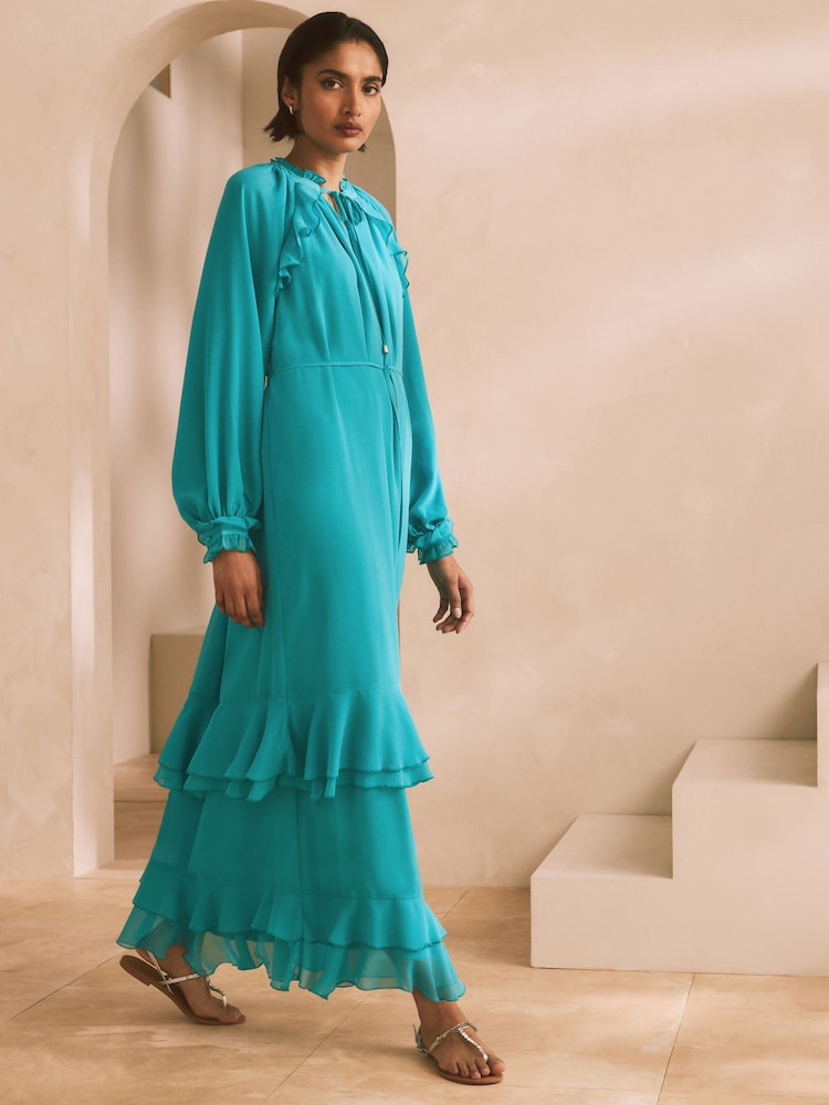 Teal Blue Long Sleeve Tie Neck Ruffle Tiered Maxi Dress - Image 1 of 7