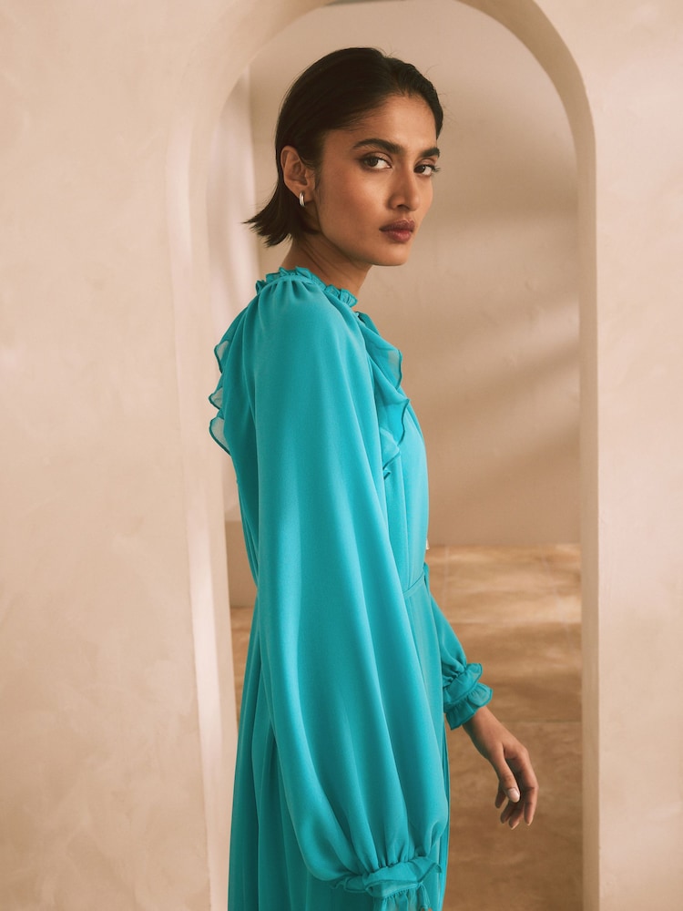 Teal Blue Long Sleeve Tie Neck Ruffle Tiered Maxi Dress - Image 2 of 7