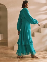 Teal Blue Long Sleeve Tie Neck Ruffle Tiered Maxi Dress - Image 3 of 7