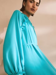 Teal Blue Long Sleeve Tie Neck Ruffle Tiered Maxi Dress - Image 4 of 7