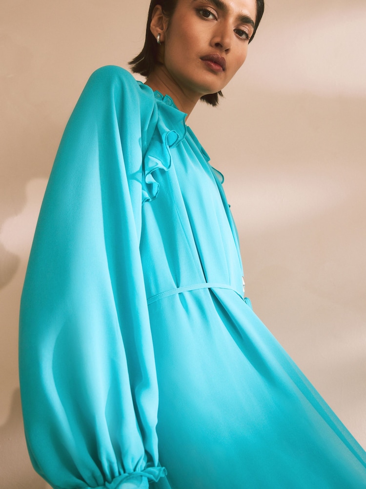 Teal Blue Long Sleeve Tie Neck Ruffle Tiered Maxi Dress - Image 4 of 7