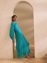 Teal Blue Long Sleeve Tie Neck Ruffle Tiered Maxi Dress - Image 5 of 7