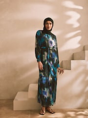 Navy/Black Smudge Metallic Long Sleeve Crinkle Tie Waist Maxi Dress - Image 1 of 8