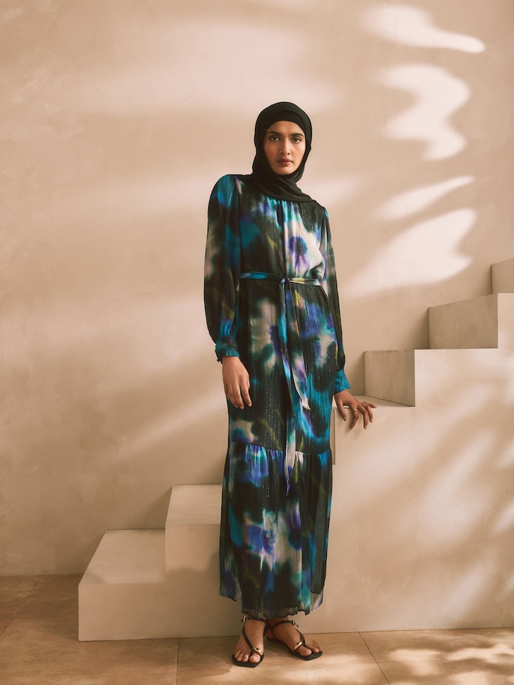 Navy/Black Smudge Metallic Long Sleeve Crinkle Tie Waist Maxi Dress - Image 1 of 8