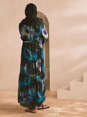 Navy/Black Smudge Metallic Long Sleeve Crinkle Tie Waist Maxi Dress - Image 2 of 8