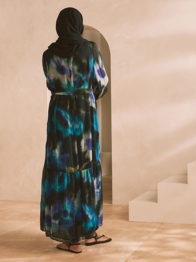 Navy/Black Smudge Metallic Long Sleeve Crinkle Tie Waist Maxi Dress - Image 2 of 8