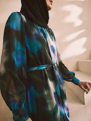 Navy/Black Smudge Metallic Long Sleeve Crinkle Tie Waist Maxi Dress - Image 5 of 8