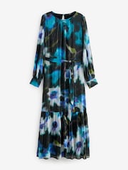 Navy/Black Smudge Metallic Long Sleeve Crinkle Tie Waist Maxi Dress - Image 6 of 8