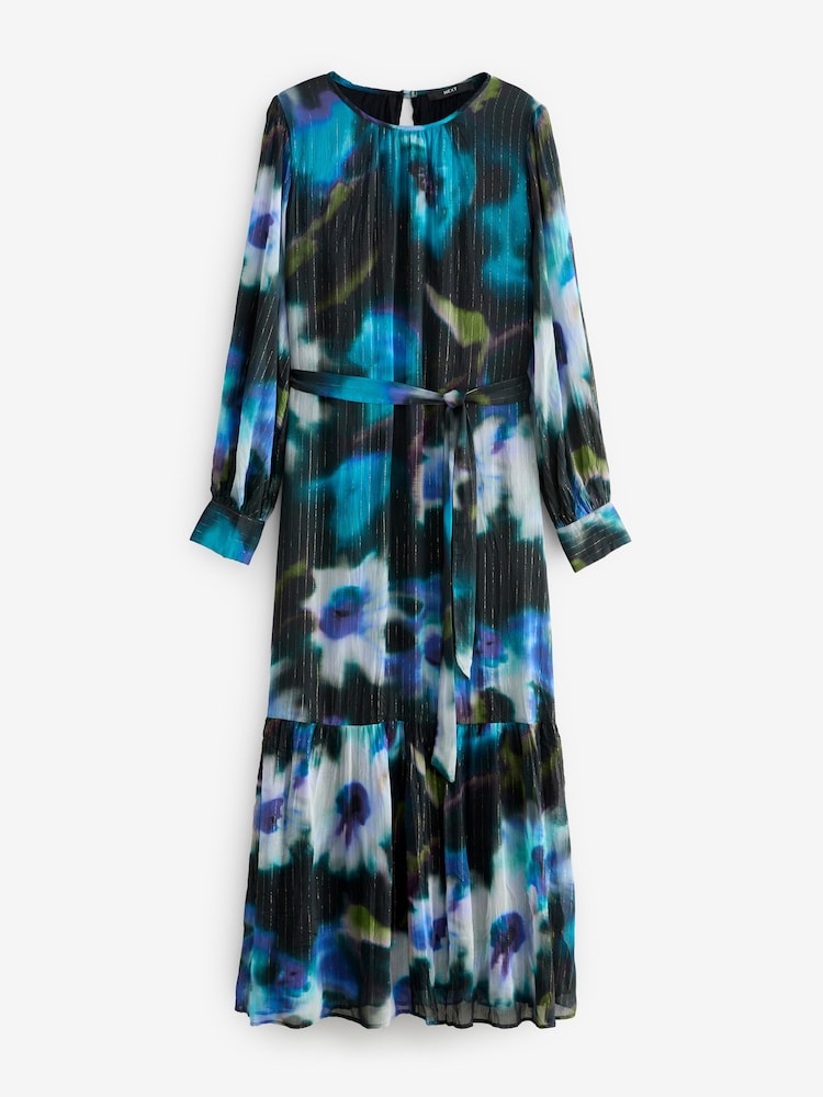 Navy/Black Smudge Metallic Long Sleeve Crinkle Tie Waist Maxi Dress - Image 6 of 8