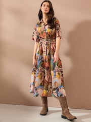 Papaya Fruit Print Short Sleeve Drop Waist 100% Cotton Maxi Shirt Dress - Image 1 of 7