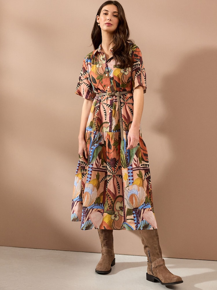 Papaya Fruit Print Short Sleeve Drop Waist 100% Cotton Maxi Shirt Dress - Image 1 of 7