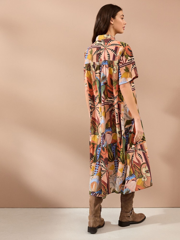 Papaya Fruit Print Short Sleeve Drop Waist 100% Cotton Maxi Shirt Dress - Image 2 of 7