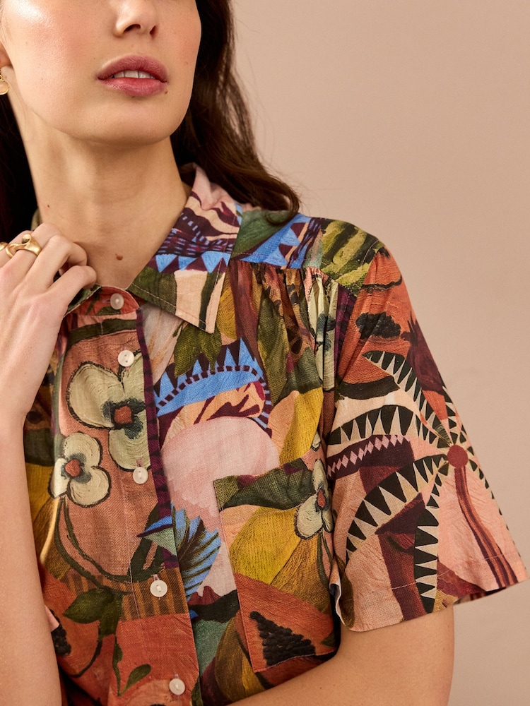 Papaya Fruit Print Short Sleeve Drop Waist 100% Cotton Maxi Shirt Dress - Image 3 of 7