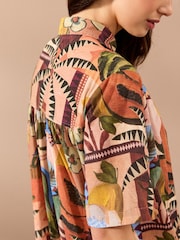 Papaya Fruit Print Short Sleeve Drop Waist 100% Cotton Maxi Shirt Dress - Image 4 of 7