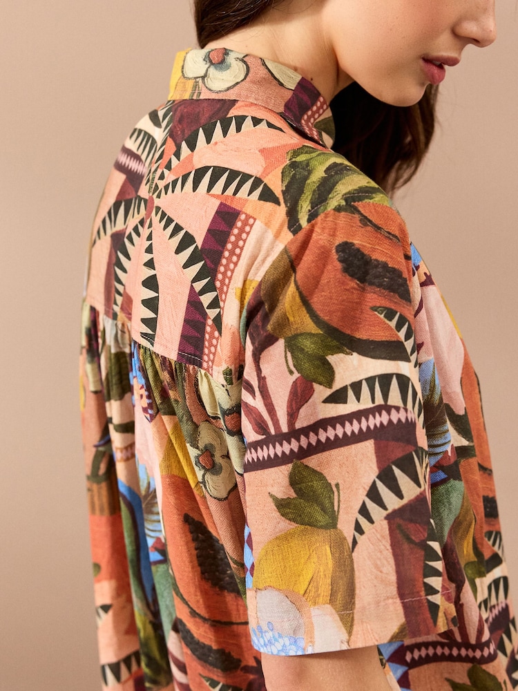 Papaya Fruit Print Short Sleeve Drop Waist 100% Cotton Maxi Shirt Dress - Image 4 of 7