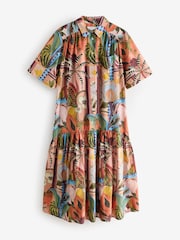 Papaya Fruit Print Short Sleeve Drop Waist 100% Cotton Maxi Shirt Dress - Image 5 of 7