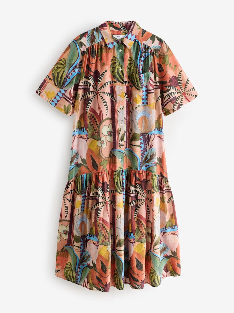 Papaya Fruit Print Short Sleeve Drop Waist 100% Cotton Maxi Shirt Dress - Image 5 of 7