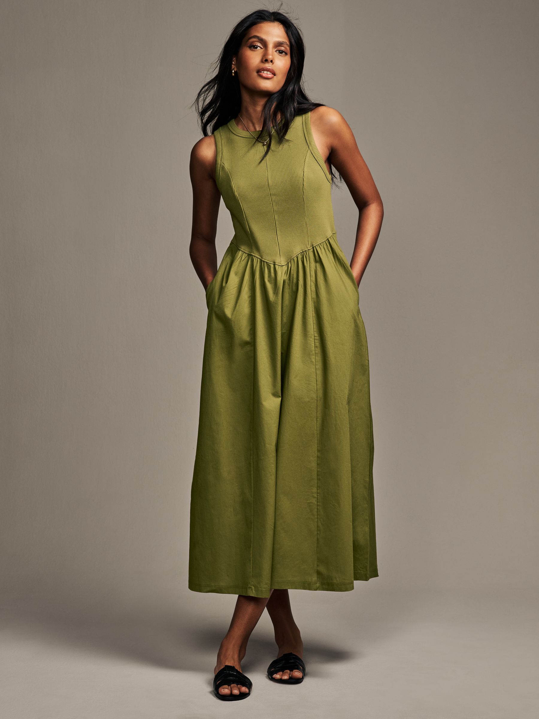 Khaki Green 2-in-1 Jersey Poplin Mix Square Neck Long Sleeve Dress